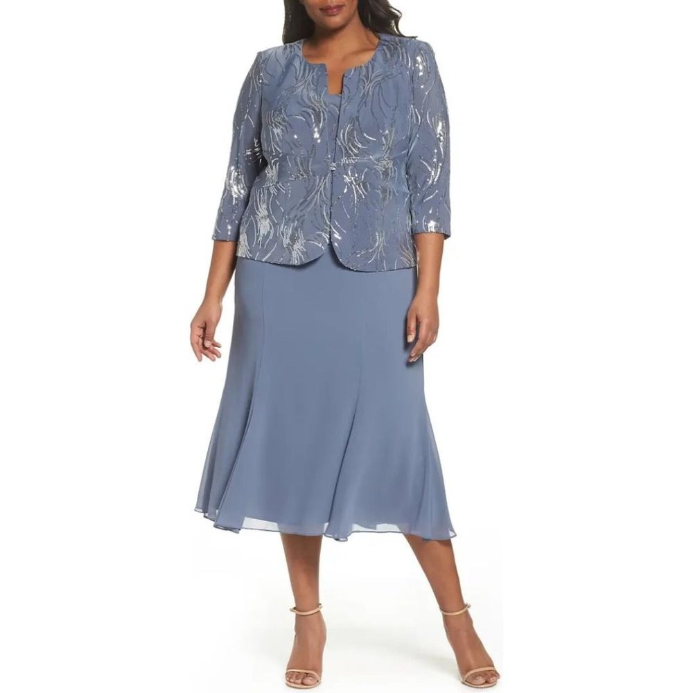 NWT Alex Evenings Sequin Mock Two-Piece Sleeveless Midi Dress Jacket Steel Blue